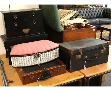 Sewing Accessories comprising a black painted miniature three height chest of drawers on later stand, a 1960s sewing box with