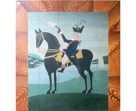 A Decorative Folk Art Panel, depicting a revolutionary soldier on horseback, 100cm by 94cm