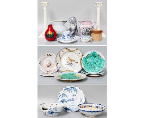 British and Continental Ceramics, including a Majolica part dessert service, Sunderland lustre jug, Royal Copenhagen cat, a p