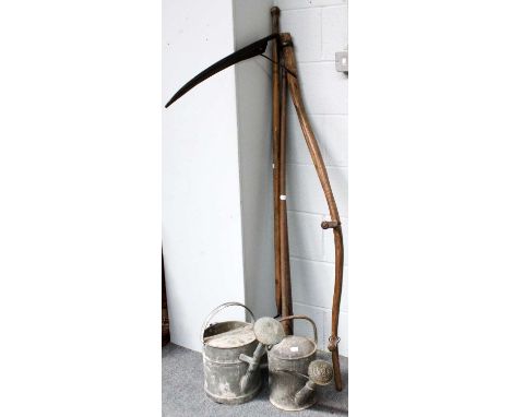 Two Galvanised Watering Cans, four gardening tools