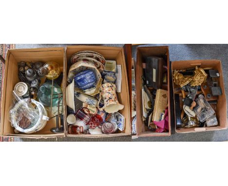 Five Boxes of Miscellaneous, ceramics and glass, silver plate, metalwares, wooden items a ephemara, including postal scales, 