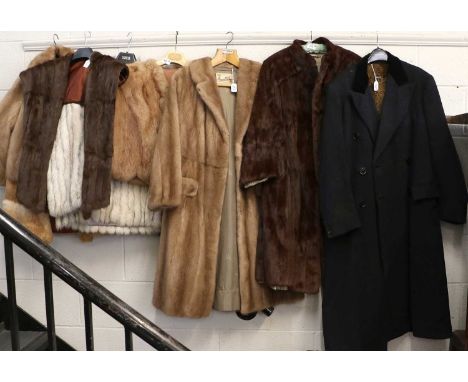 Assorted Fur Jackets and Coats, comprising a silver fox fur jacket, fur gilet, gents wool overcoat with fur lining and other 