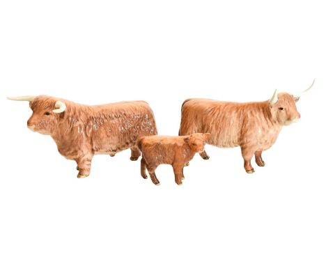 Beswick Highland Cattle Comprising: Bull, model No. 2008, Cow, model No. 1740 and Calf, model No. 1827D, all tan and brown gl