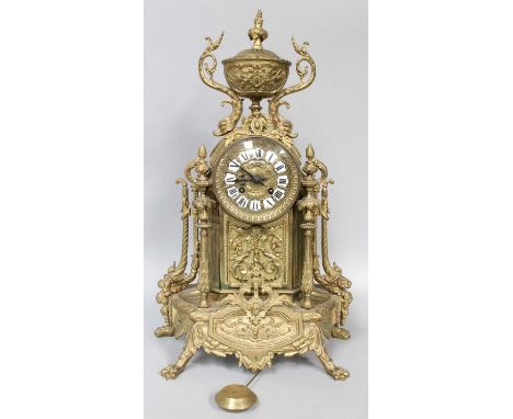 A Gilt Metal Striking Mantel Clock, circa 1900, 49cm highClock metal surfaces are discoloured in parts, dial with chip to mak
