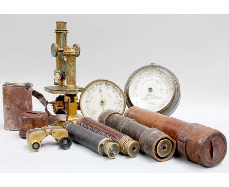 Scientific Instruments, including R. &amp; J. Beck brass microscope, three brass leather mounted telescopes, Dolland baromete
