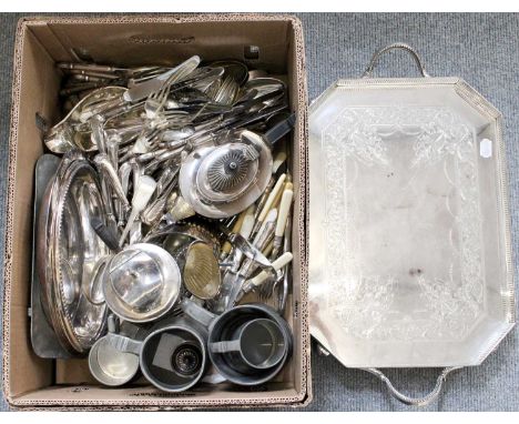 A Box of Assorted Silver Plated Wares, including a canted rectangular gallery tray, three part teaset by Roberts &amp; Belk, 