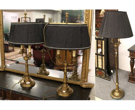 A Pair of Brass Effect Table Lamps and Shades, in the Regency taste, modelled as twin light candlesticks, 80cm overall; toget