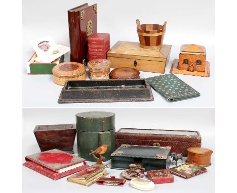 Assorted 19th Century and Later Boxes, including leather mounted examples, small bijoiterie box with cushioned satin lining, 