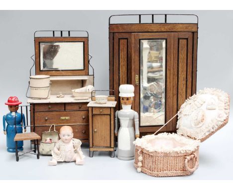 An Early 20th Century Dolls Wardrobe, Dressing Table and Bedside Cabinet, Dolls, etcMiniature Wardrobe, the door does not clo