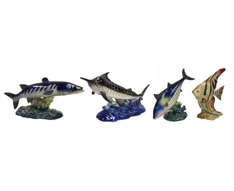 Beswick Fish, comprising: Oceanic Bonito, model No. 1232, Angel Fish, model No. 1047, Marlin, model No. 1243, and Barracuda, 