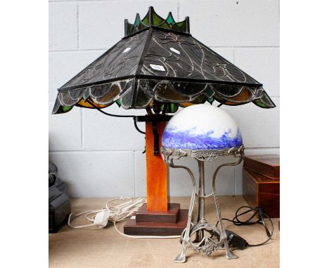 An Art Nouveau Table Lamp, modern, with cloud glass shade, in the Daum taste; together with another large table lamp, with le