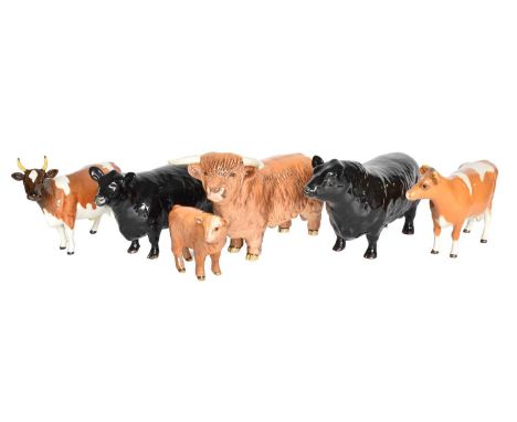 Beswick Cattle Comprising: Aberdeen Angus Bull, model No. 1562 and Cow, model No. 1563, both black gloss;  Ayreshire Cow; Gue