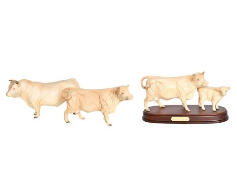 Beswick Charolais Cow and Calf, model No. 3075A and 1827B, on wooden plinth, cream gloss; together with Charolais Bull, model