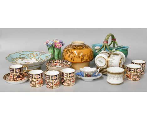 Assorted English Ceramcs, etc including a Linthorpe Oil Lamp Resovoir, a Minton Majolica Basket and a set of six Royal Crown 