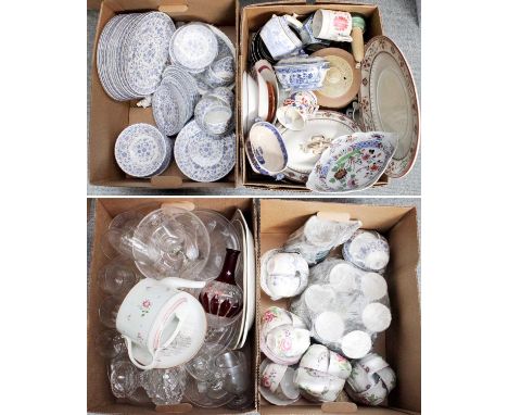 Four Boxes of Assorted Ceramics and Glass, 18th century and later, including Spode, Minton, Minton Shalimar pattern, New Hall