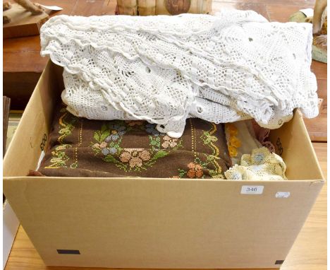 Assorted White Linens, embroidered textiles, crochet items, bed covers and other items (one box)