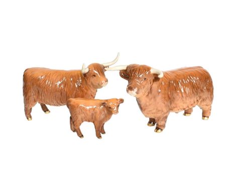 Beswick Highland Cattle Comprising: Bull, model No. 2008, Cow, model No. 1740 and Calf, model No. 1827D, all tan and brown gl