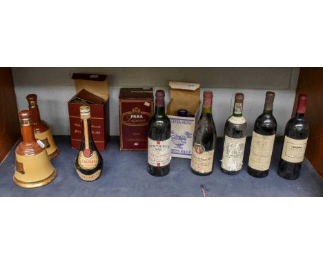 Five Bottles of World Wine, including Napa Valley, Hawkes Bay, Bordeaux Burgandy, two Bells whisky decanter, 1970s half bottl