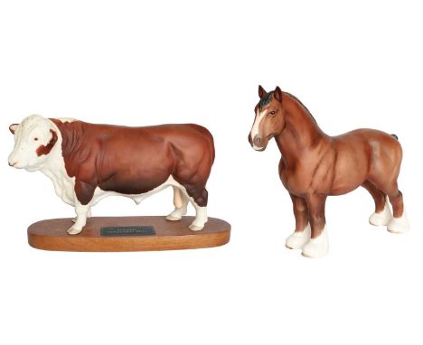 Beswick Connoisseur Polled Hereford Bull, model No. A2574, brown matt, on wooden plinth; together with Burnham Beauty, model 