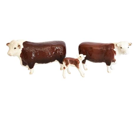 Beswick Hereford Cattle Comprising: Bull Ch. of Champions, model No. 1363B, Cow, model No. 1360 and Calf, model No. 1827C, al