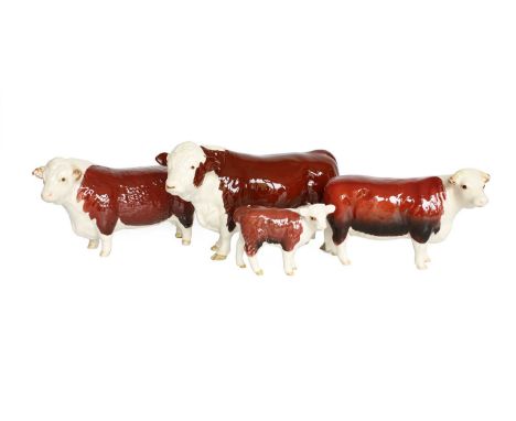 Beswick Hereford Cattle Comprising: Polled Bull, model No 2549A, Bull, First Version, model No.1363A, Cow, model No.1360 and 