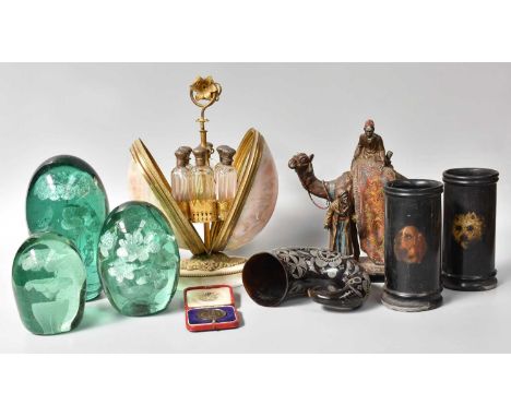 Three Victorian Sunderland Glass Dumps, together with an Austrian style cold painted metal lighter formed as a mounted camel,