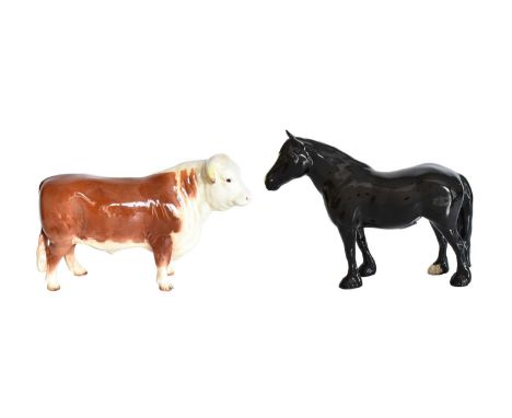 Beswick Dales Pony "Maisie", model No. 1671, black gloss; together with a Hereford Bull, model No. 949, brown and white gloss