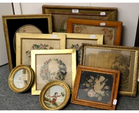 Assorted 19th Century Framed Needlework and Silk Pictures including a hair picture of horse and cart (a.f.), another similar,