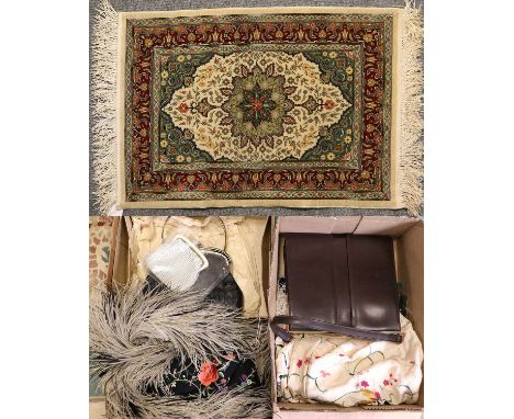 Assorted Costume Accessories, comprising a Chinese cream silk floral embroidered shawl, another in black, black and white fea