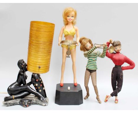 Circa 1960s Poynter Products Go Go Girl Drink Mixer in original card box, two 1960s fabric dancing dolls one smoking, and a t