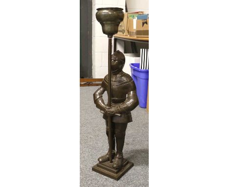 A Patinated Metal Planter / Stand Modelled as a Standing Knight in Armour on a square stepped base, 85cm high