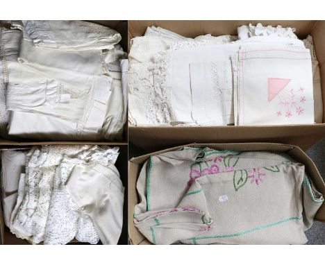 Assorted white linens including crotchet edge textiles, knitted bed cover, embroided and other bed covers, textiles etc (4 bo