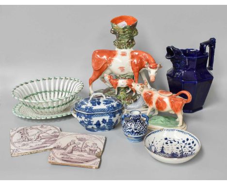 A Collection 18th century and Later English Pottery, including a Neale &amp; Co pearlware basket on stand, two Manganese Delf