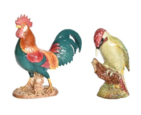 Beswick Leghorn Cockerel, model No. 1892, teal green, red, orange and yellow - gloss; together with a Woodpecker, model No. 1