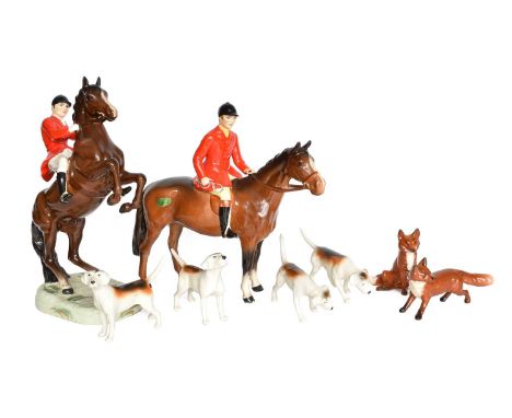 Beswick Hunting Group Comprising: Huntsman on Rearing Horse, model No. 868, and Huntsman (Standing), Style Two, model No. 150