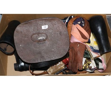 Assorted Gents Costume Accessories, comprising a tin hat box enclosing a black quilted fur hat, pair of black leather hunting