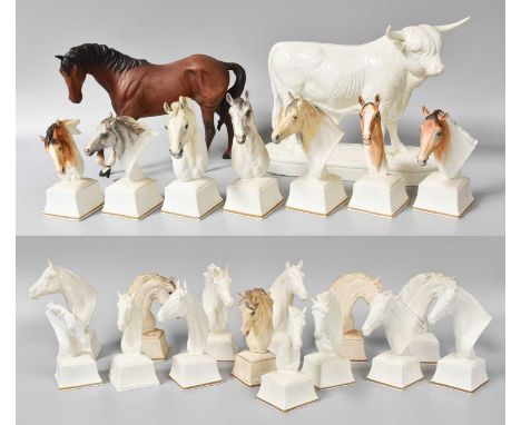 Approximately Twenty Royal Worcester Bisque Portrait Busts of Racehorse, named to the undersides, togethe with a Beswick mode