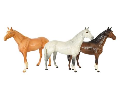 Beswick Horses Comprising: Large Racehorse, model No. 1564, palomino gloss; Large Hunter, model No. 1734, brown gloss and Ano