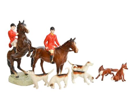 Beswick Hunting Group Comprising: Huntsman on Rearing Horse, model No. 868, and Huntsman (Standing), Style Two, model No. 150