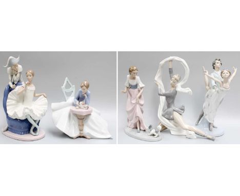 Five Nao Figures, mainly of dancers and one of Harlequin and Columnbine, largest 33cm 