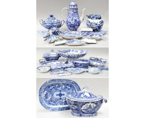 A Quantity of Early 19th century Pearlware Pottery, decorated in underglaze blue transfer print, including coffee pot and cov