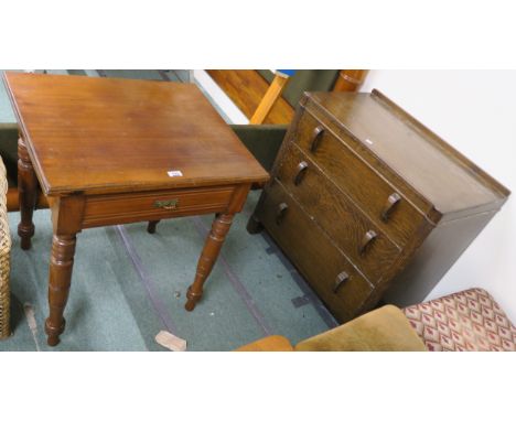 An oak Art Deco style three drawer chest, 76cm high x 76cm wide x 46cm deep and a mahogany hall table with single drawer, 71c
