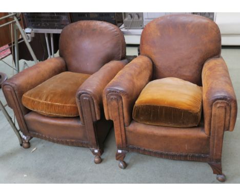 A pair of Art Deco brown leather armchairs (2) Condition Report: The leather is dried out has a a number of splits and tears,