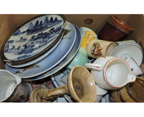 A quantity of ceramics, including a Tourquay ware candlestick, a green glazed hair receiver, a Bell's pottery decanter, Dicke