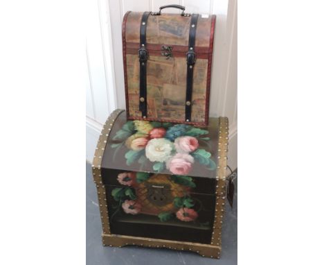 A small brass studded dome top wooden trunk painted with a spray of flowers, together with a vintage style three division win