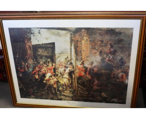 After Robert Gibb, Hougoumont, print, together with five other military prints and two hunting prints. (8)