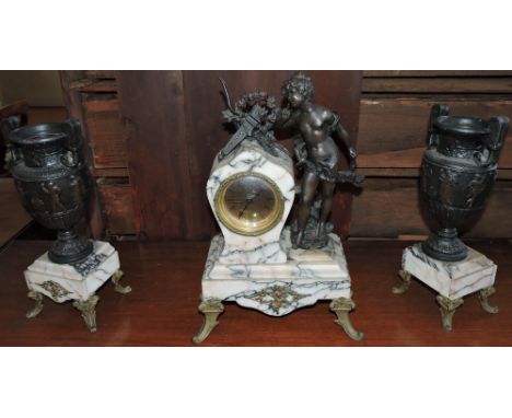 An early 20th century mantel clock with garniture, white marble with bronze figure mounts, fitted with an associated later mo