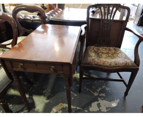 A Regency mahogany pembroke table fitted drawer on turned tapered legs, together with a George III style elbow chair with dro