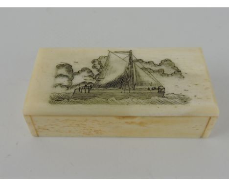 A bone patch box, of rectangular form, the lid engraved with a lugger, W. 7cm.