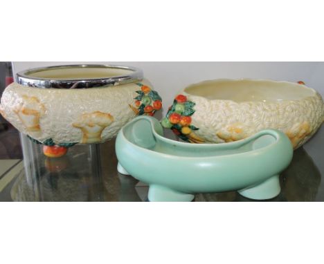 Two Clarice Cliff celtic harvest pattern bowls, one chrome mounted, larger; Dia. 30cm, together with a Clarice Cliff semi-cir